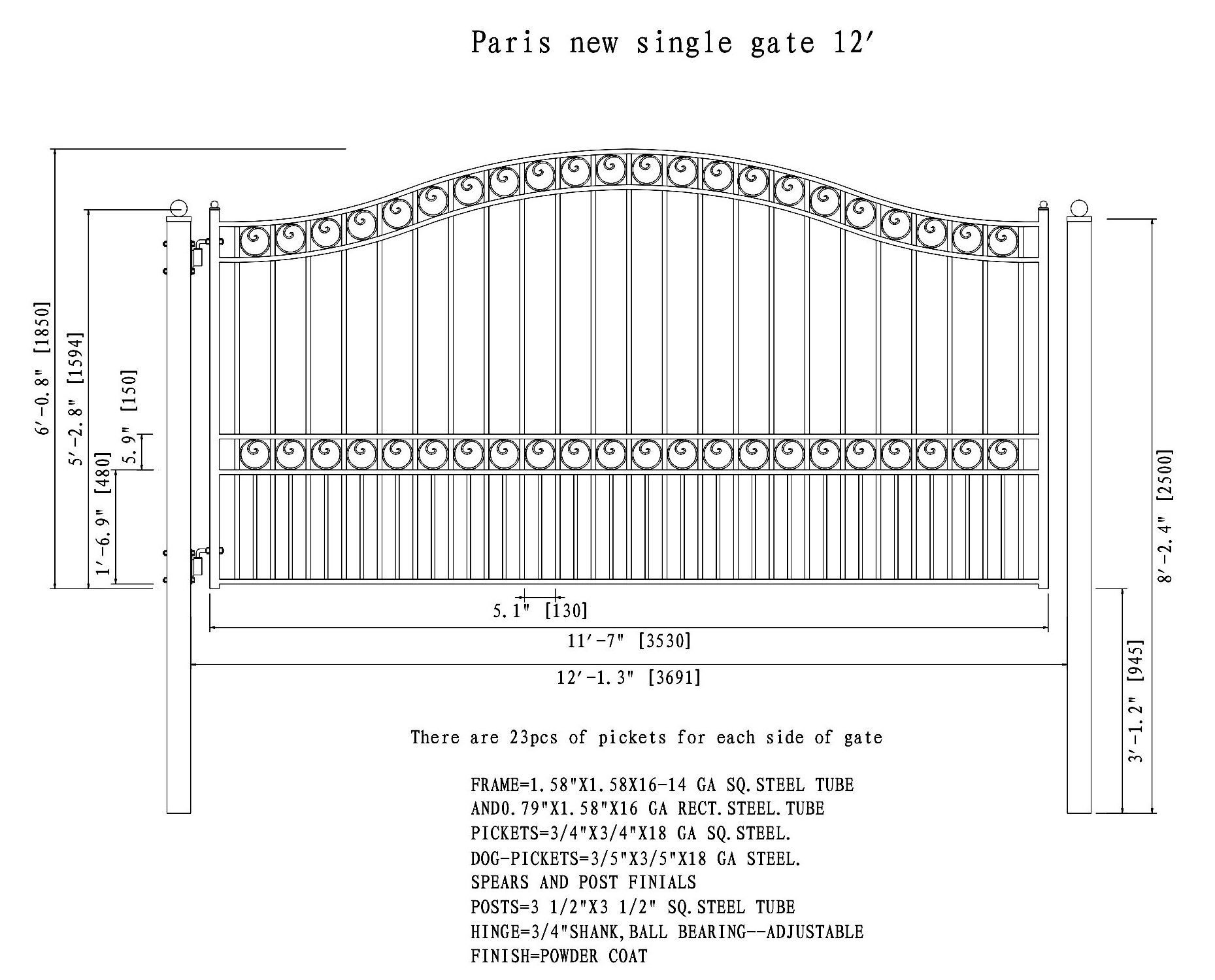 Paris Style Single Swing Steel Driveway Gate - 12'-18'