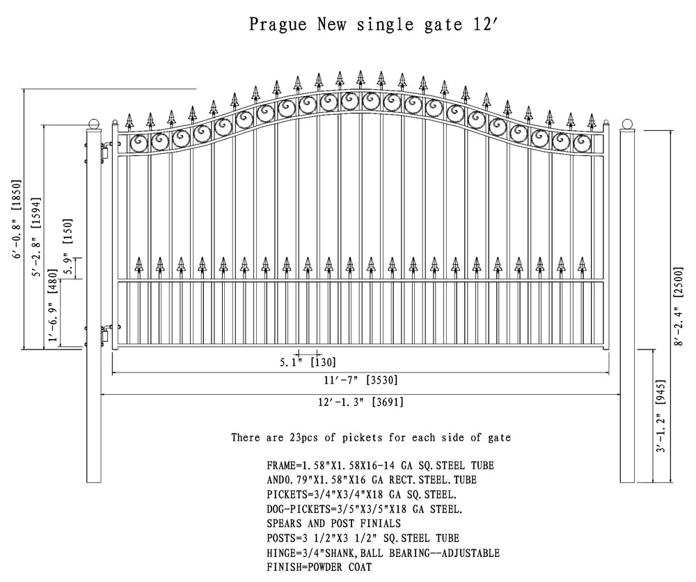 Prague Style Single Swing Steel Driveway Gate - 12'-18'