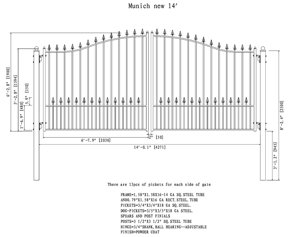 Munich Style Dual Swing Steel Driveway Gate - 12'-18'