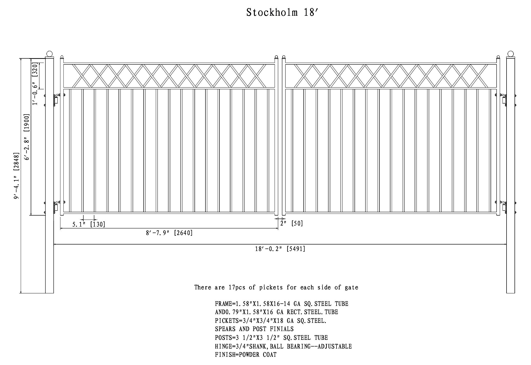 Stockholm Style Dual Swing Steel Driveway Gate - 12'-18'