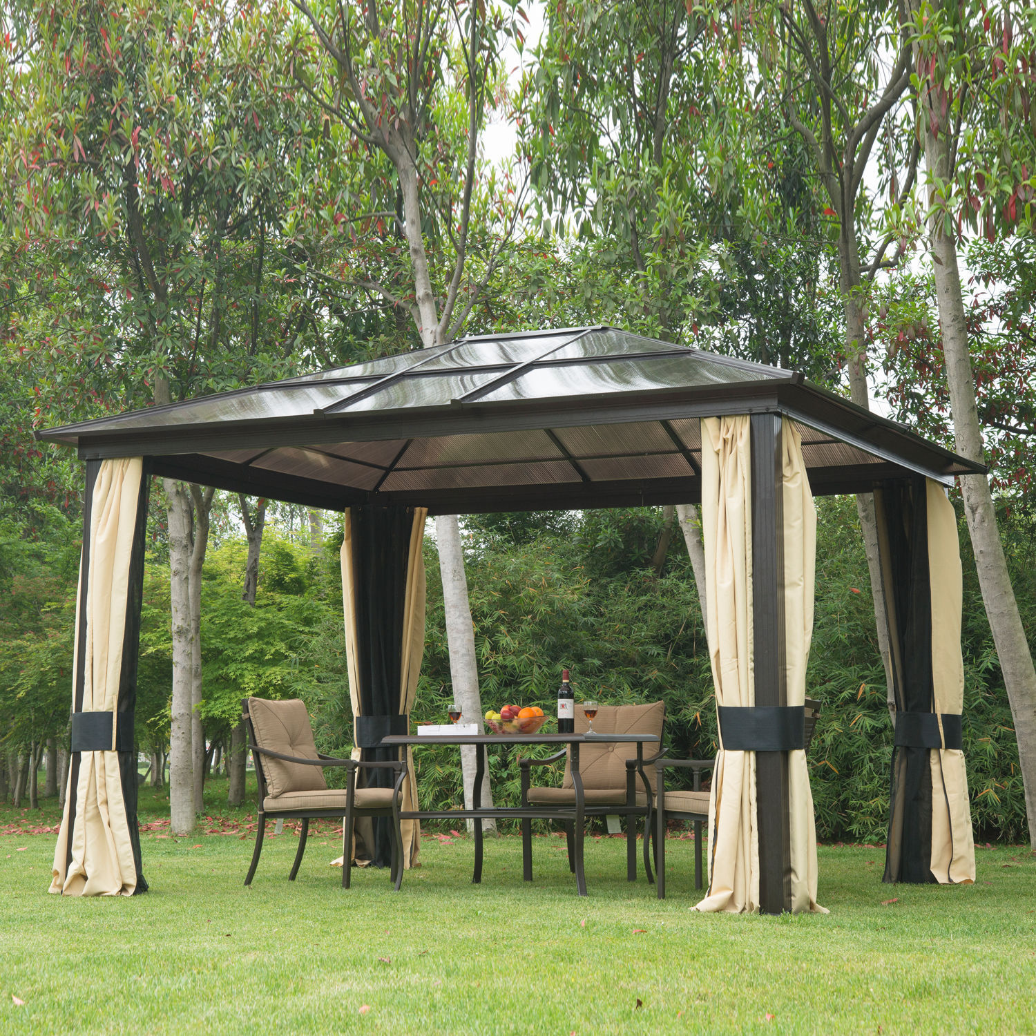 12 X 10 Hardtop Gazebo Outdoor Patio Canopy With Mesh And Curtains