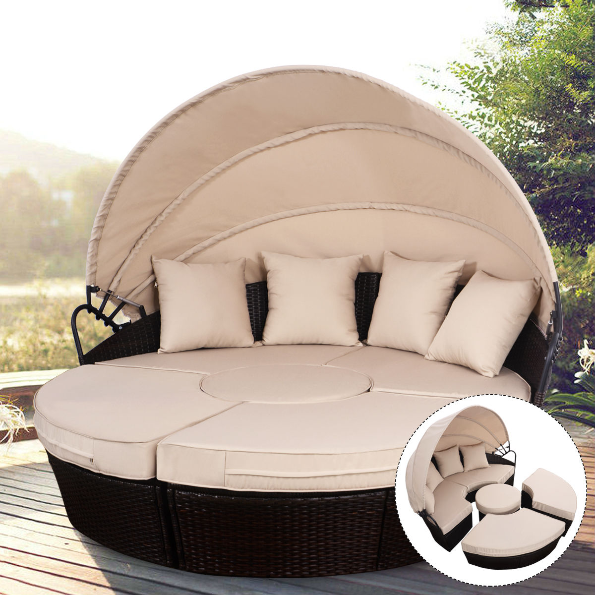 Outdoor Daybed Patio Sofa Furniture Brown, Outdoor Daybed Patio Furniture With Cushions