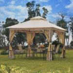 10 x 10 Beige Gazebo Hardtop Canopy Metal Frame with Mesh Curtains