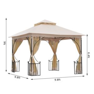 10 x 10 Beige Gazebo Hardtop Canopy Metal Frame with Mesh Curtains 2