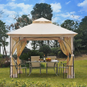 10 x 10 Beige Gazebo Hardtop Canopy Metal Frame with Mesh Curtains 3