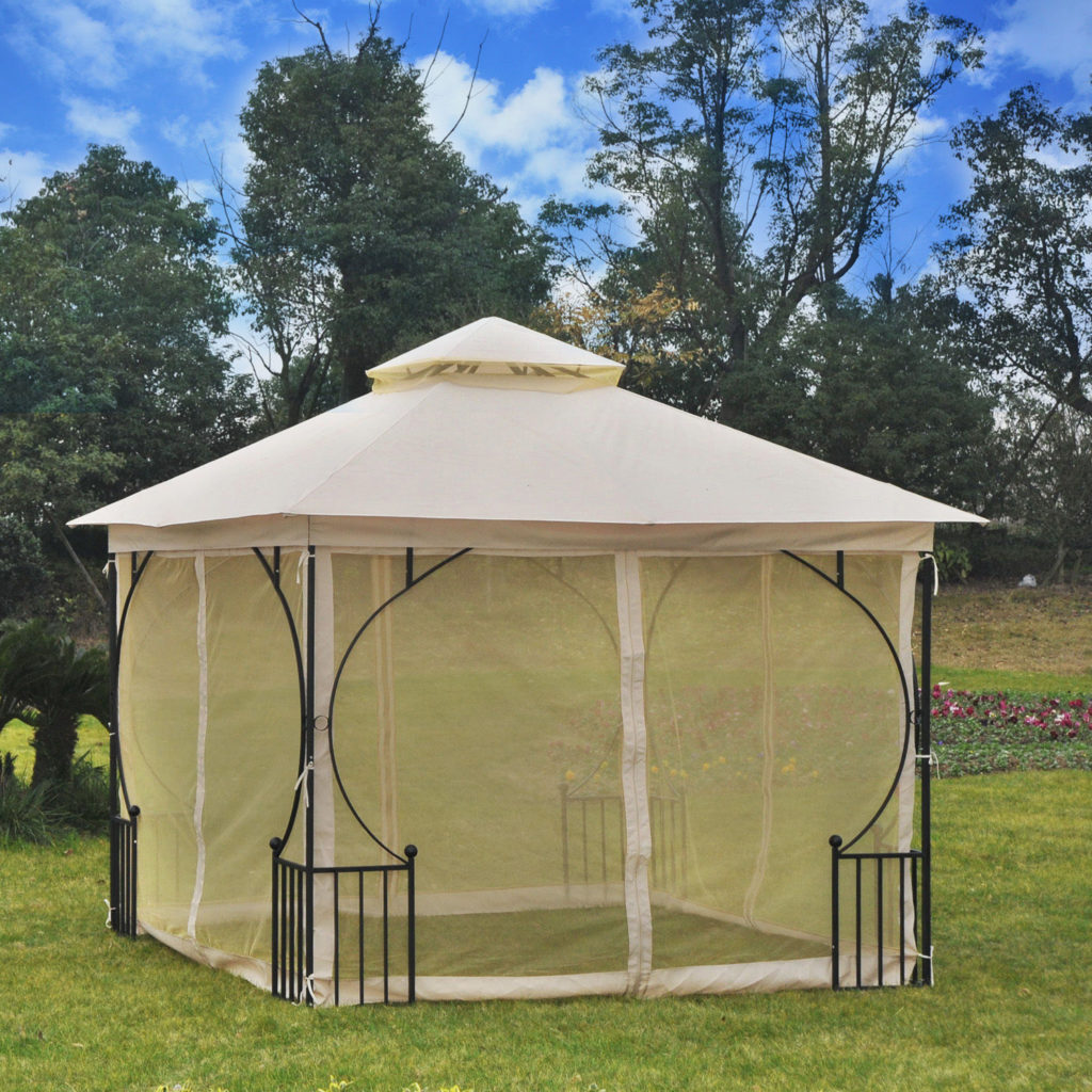 10 x 10 Beige Gazebo Canopy Metal Frame w/ Mesh Curtains