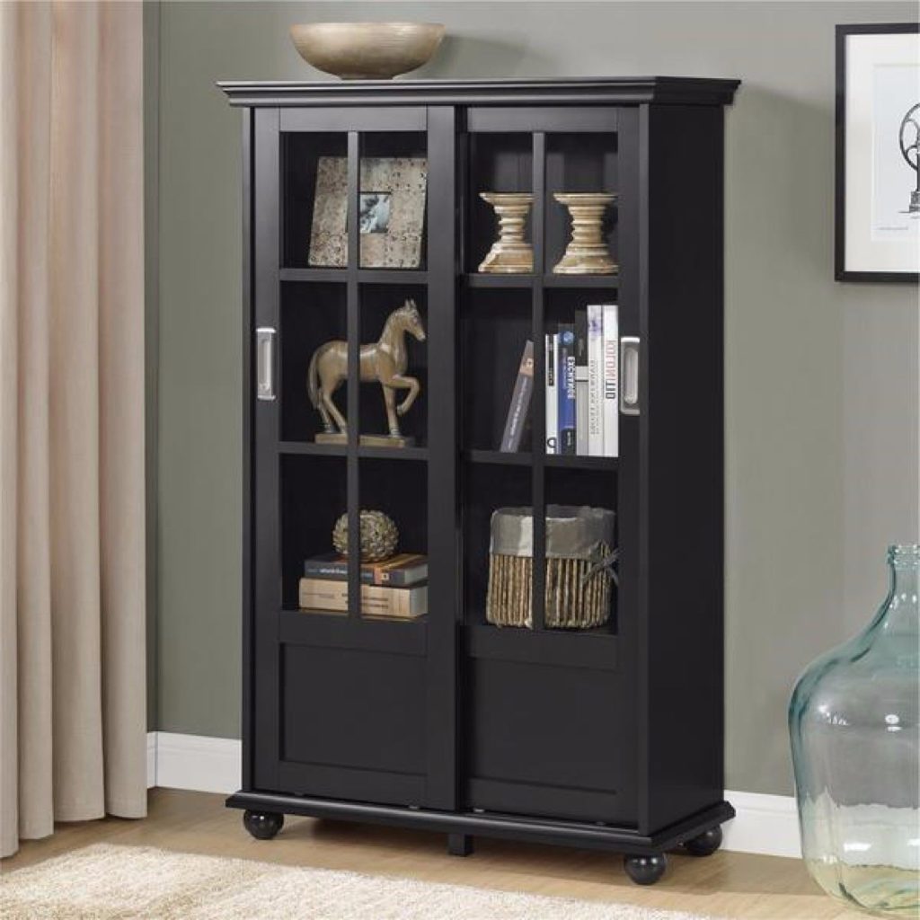 Glass Display Bookshelf w/ Sliding Glass Doors Black