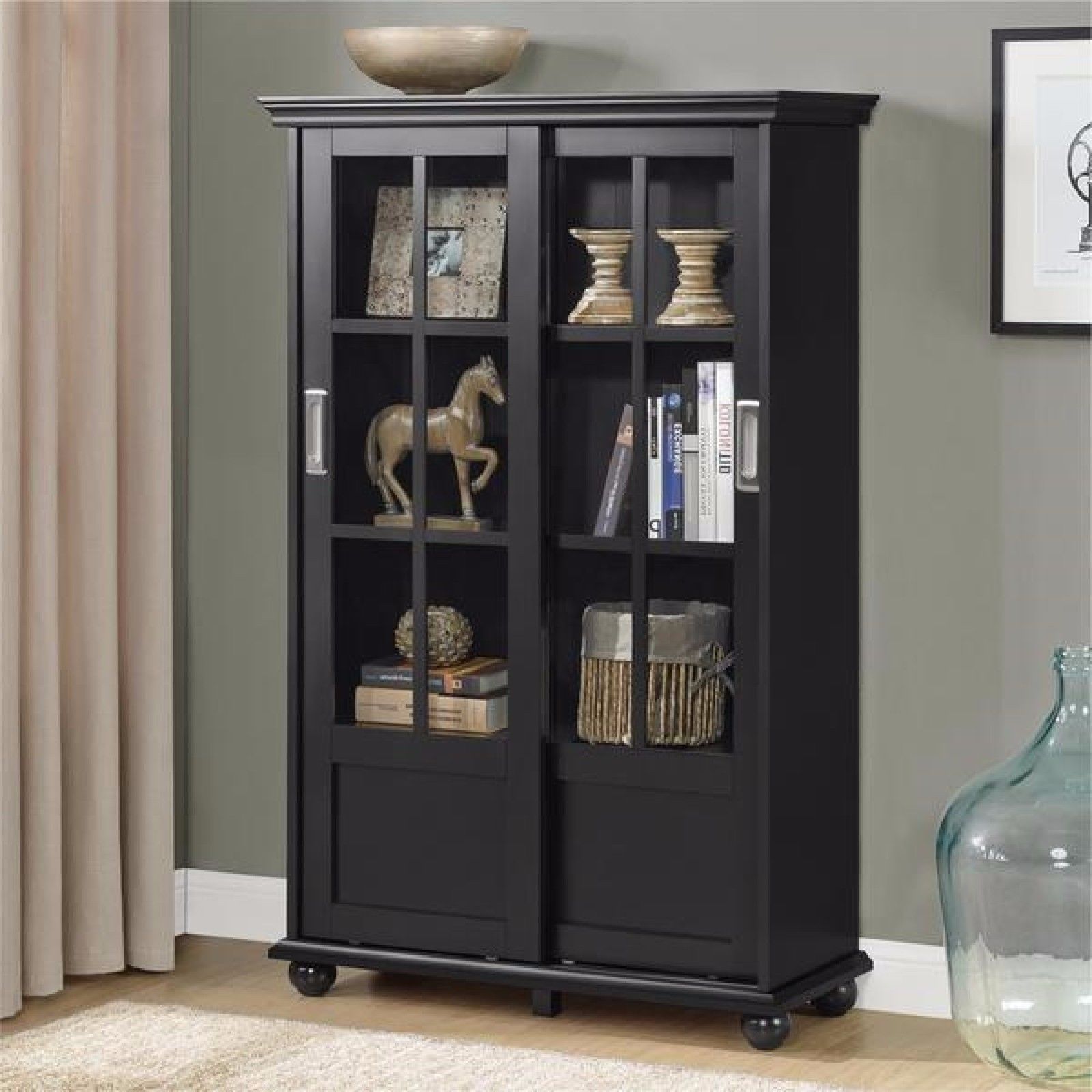 Glass Display Cabinet Bookshelf w/ Sliding Glass Doors- Black